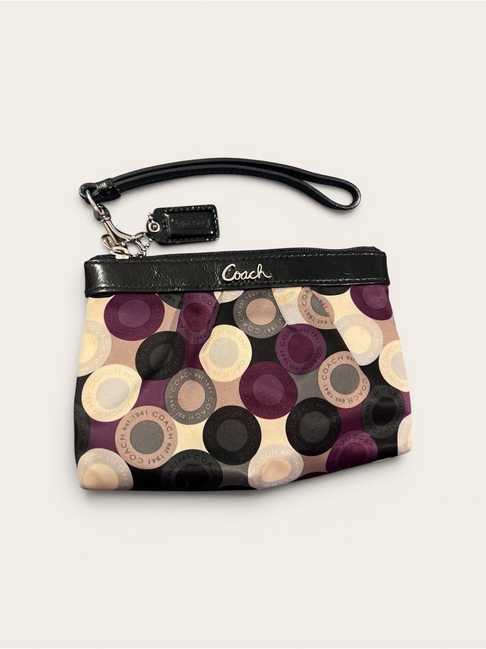Coach 44162 Signature Multicolor Abstract Snap Head Purple Sateen Wristlet
